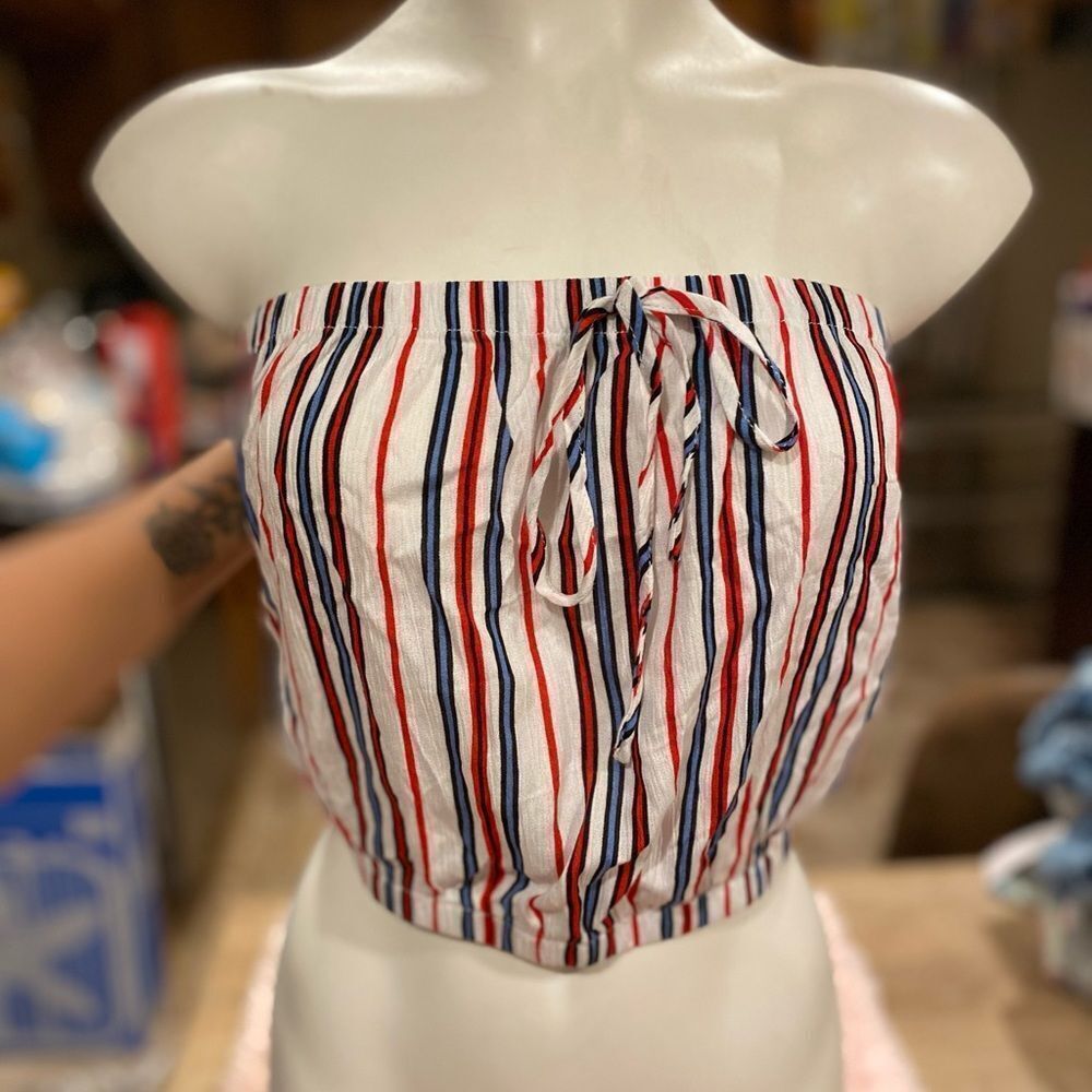 Ambiance Strapless Striped Tube Top Red White Blue Tie Front Size L